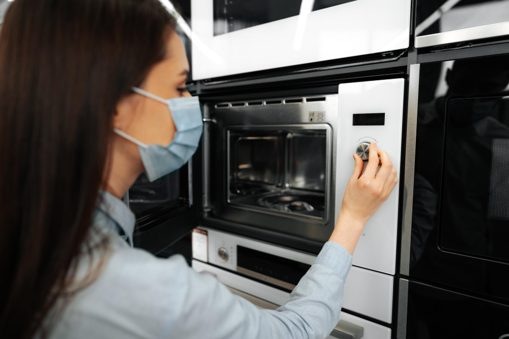 Image of a woman turning the knob of a microwave oven